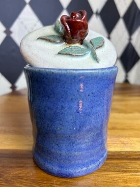 Blue Pottery Rose Lid Trinket Jar Ceramic Keepsake Handmade